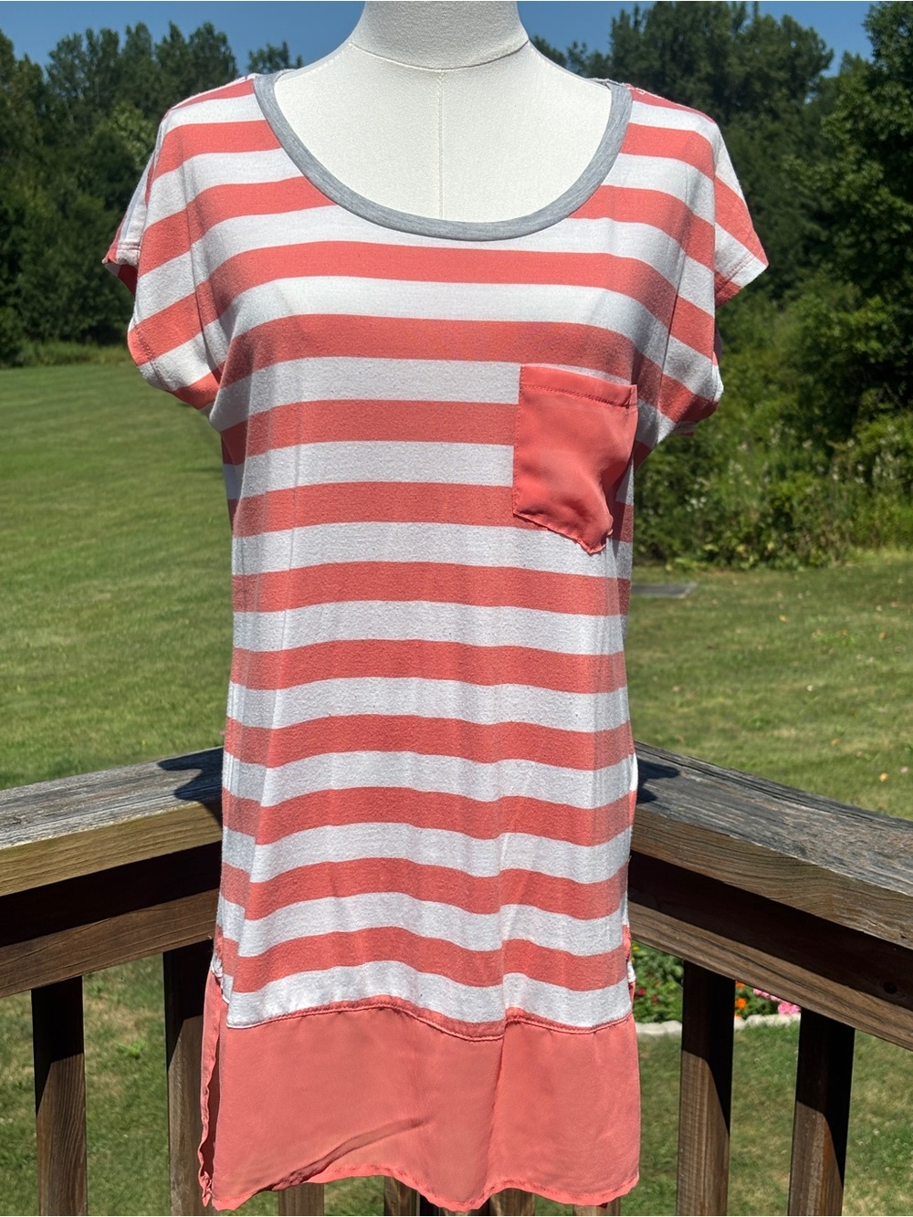 Rewind Coral and Gray Striped Top